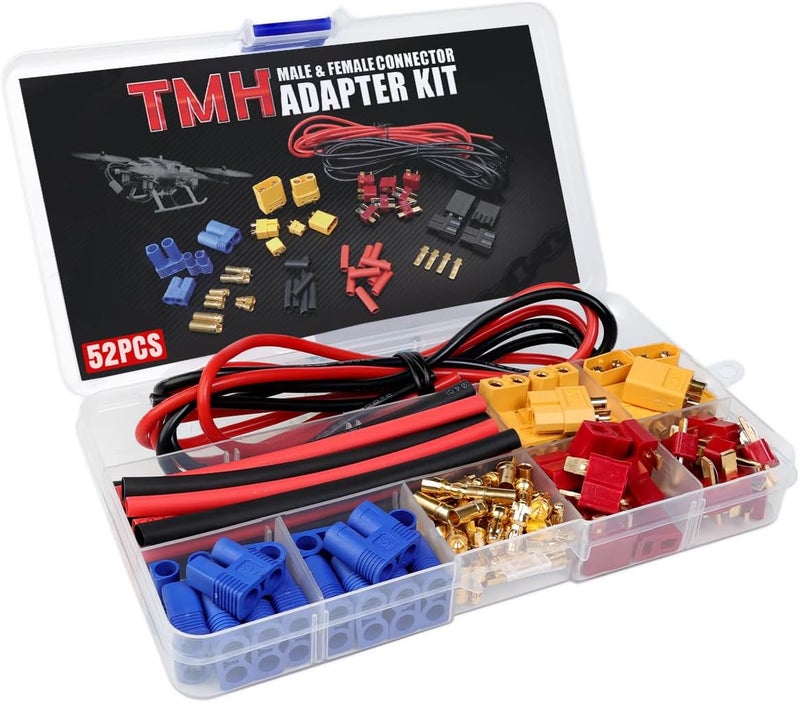 TMH 52 Pcs T-Plug EC3 XT60 Male and Female Plug Adapter Connector Kit with 14 AWG Silicone Wire + Heat Shrink Tubing, Compatible for RC ESC Lipo Battery Motor (Total 52 PCS) - Image 1